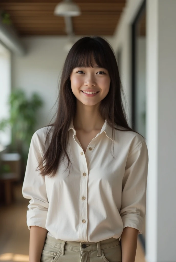 RAW Photo, DSLR BREAK a young teenage woman with bangs, (light smile:0.8), (smile:0.5), wearing relaxed shirt and trousers, causal clothes, (looking at viewer), focused, (modern and cozy office space), design agency office, spacious and open office, Scandi...