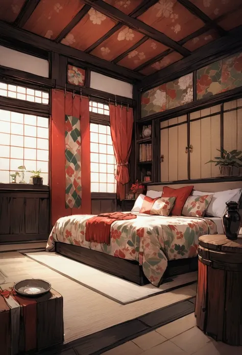  high res, absurdres, 8k, masterpiece, cozy japanese living room, shrine-like decor, decorative paneled walls