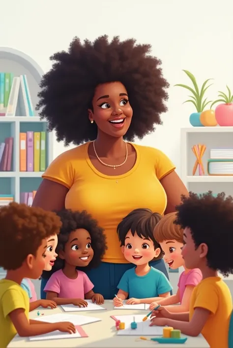 Afro plus size teacher with 6 students preschool ren and ren 4 brown and three white ren and white background