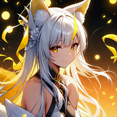 Anime fox woman, full body shot, yellow eyes, white hair, Long Hair, Smile, Bangs, High Resolution, Detail, Breasts, Fox Ears,