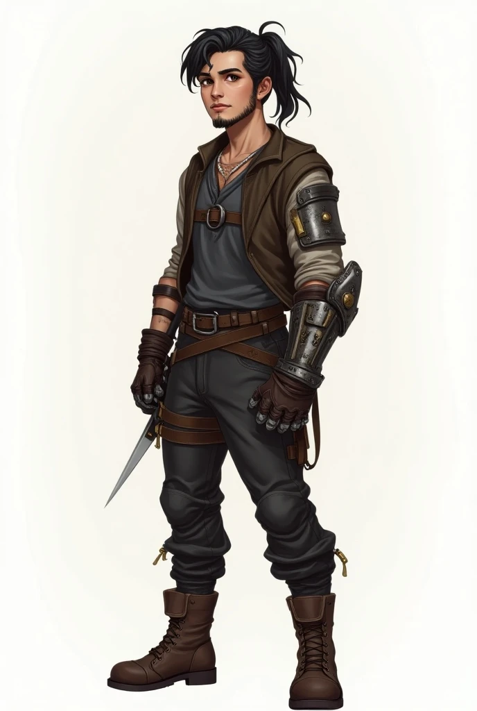 A full-body illustration of Lucas, a young human warrior with a blend of ruggedness and youthful energy. He has a strong, athletic build, fit for both strength and agility. His skin is lightly tanned, with dark, wavy hair tied back into a loose ponytail th...