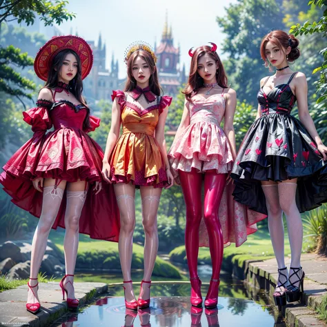 ((full body shot):1.5), a group of women,((vampire style):1.3), in elegant classic lolita princess mini dress,( high waisted sho...