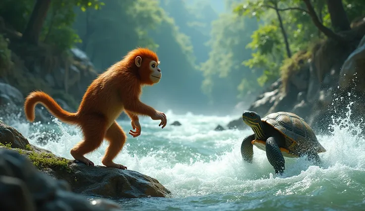 Prompt: "The monkey and turtle reach a wide river. The monkey looks confident, ready to leap across, while the turtle appears concerned, realizing the river is a tough obstacle for him. The river flows rapidly, with rocks and a dense jungle in the backgrou...