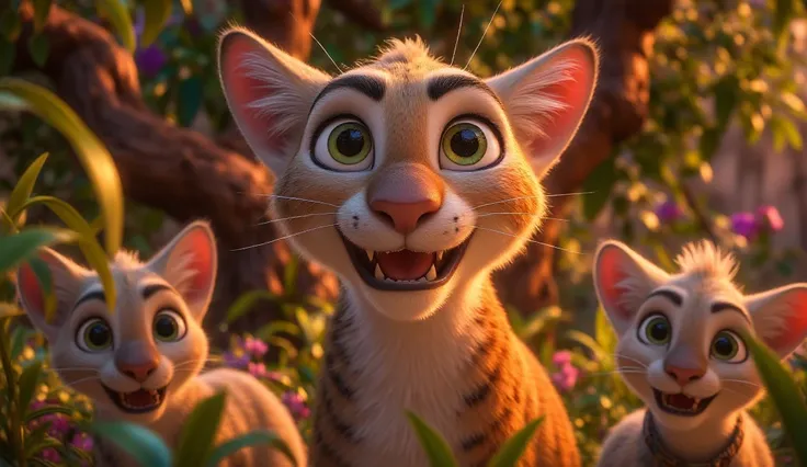   Disney style animal puma    , Thin black   ,     green eyes, full figure, Soft fur,  in a tree   ,sly face,  Their puppies are growing
At their side they are learning