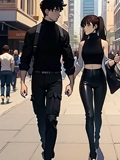  boy, black hair, brown eyes, wearing a black turtleneck, cargo pants, and your girlfriend a girl, brown long hair, brown eyes, Black sleeveless top, Leggings, Couple, love, the two walking around the city