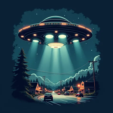 A T-shirt design with a large UFO with multiple bright lights hovering above a small town at night. The town has a few illuminated buildings, and there are cars parked on the streets. The UFO has a circular shape with a hatch at the bottom. There are small...