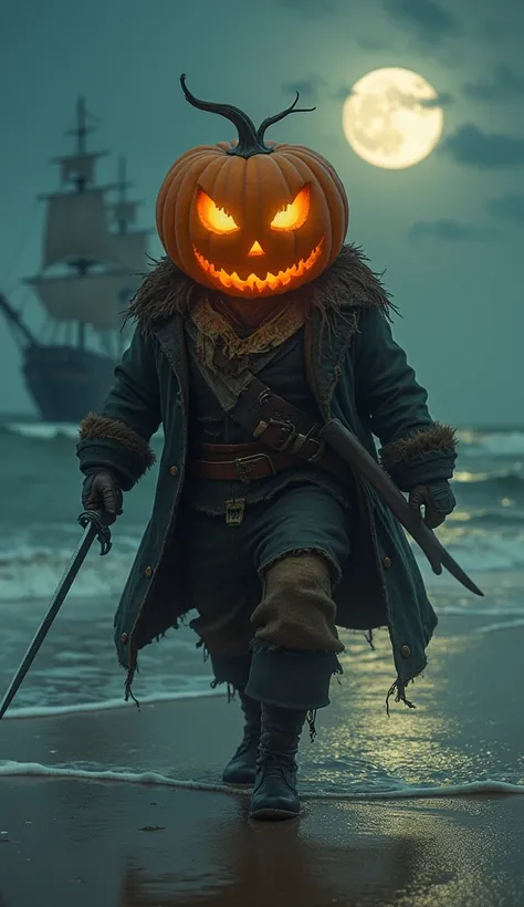 Pumpkin Pirate: A round, large pumpkin pirate dressed in a ragged coat and wielding a sword, walking straight forward from a little distance across the beach. The full moon rises in the background, and a pirate ship’s silhouette can be seen on the horizon.