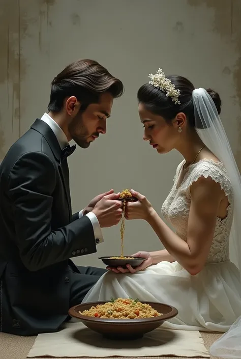 Show a bride and groom sitting together, eating from the same bowl, with serious expressions to represent the solemn nature of the ritual, showing unity and seriousness about marriage.