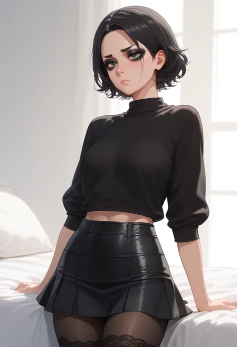 a girl with short hair is black  (( using aa camiseta preta com desenho da caveira)) , using a, (( short skirt )) ,   with black...