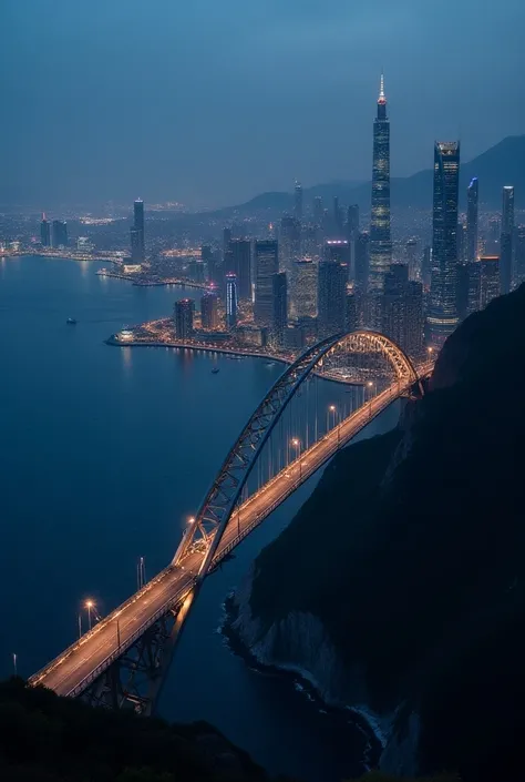 An empty bridge that is high above the ocean and surrounds the outer edge of an urban city of giant and tall glass and lit up buildings with no mountains.