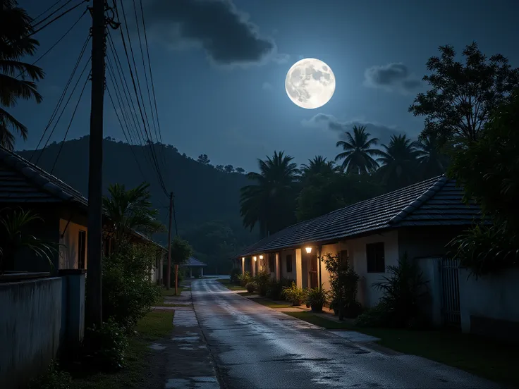 nighttime view of a street with a row of small houses and a full moon, villages ， unreal engine, realistic photo of a town, moonlit kerala village, nightime village background, night time render, photo-realistic low lighting, hdr render in unreal engine 5,...