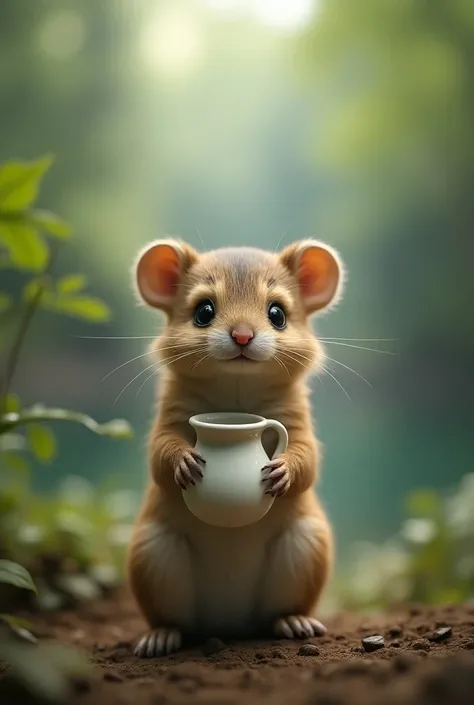  A hand holding a jug.So little cute ultra  = realistic with very dense fur.  The blurred background is of a forest with a lake behind it.