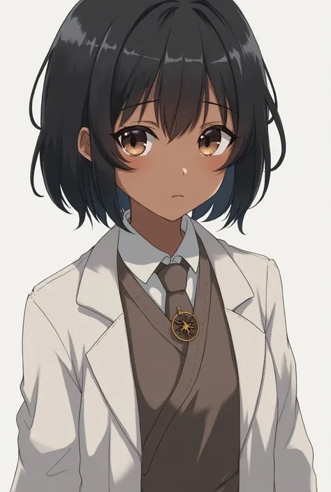 Young dark-skinned girl with short, dark hair ,  gentle features and a calm, disciplined expression .  wears modest attire with a small symbol of faith or amulet and a white overcoat,  with the appearance of an anime character Shounen.