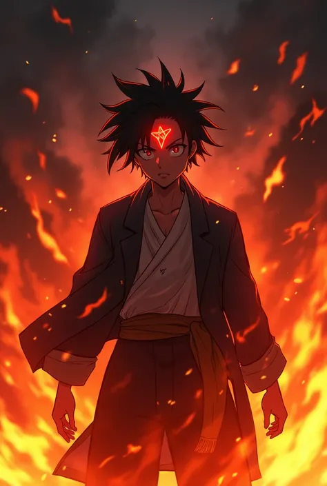 Kimetzu Noyaiba Tanyiro in flames with a red catana mark on his forehead 