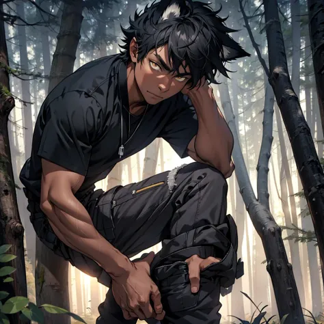 [male, tone, mature: 1.5, twink, Amorphous] [dark skin tone: 1.0, yellow eyes, shaggy black short hair, black wolf ears, black fuzzy tail] [no shirt, black cargo pants] [night time, upward camera angle] [detail eyes, detail face, detail hand] [alone, shy e...