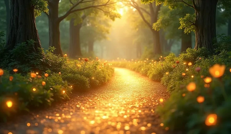 ** Path illuminated by golden lights ** in a forest or garden ,  representing the path to prosperity,  with surrounding trees and flowers ,  in an environment of peace and growth .