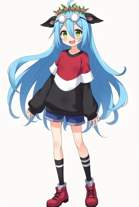  anime girl, with smile, long blue hair , with bangs, hedgehog ears ,  white glasses over the head,  wreath on the head , green-eyed, red shirt, womens black sweatshirt , blue shorts,black and white gloves ,  black and white long socks , red shoes 