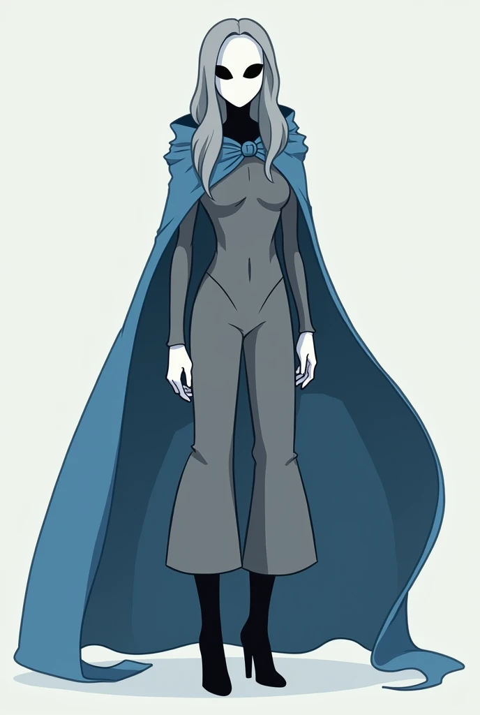 (Solo) faceless, mask (white face mask, black eyes/) grey hair, long hair, blue long cape, (cape covering full body/), white gloves, grey clothing bodysuit, black heels boots, wide open trousers pants, pants touching boots, used cape to covered, cartoon st...