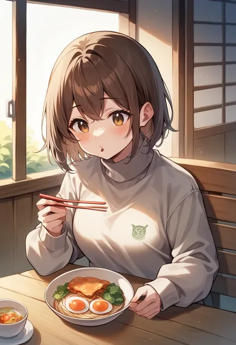 Create an anime-style illustration of a young woman with shoulder-length brown hair and bangs, wearing a cozy grey sweater, eating ramen with chopsticks in a casual cafe setting. Her expression is slightly surprised, as if she just tasted something unique....