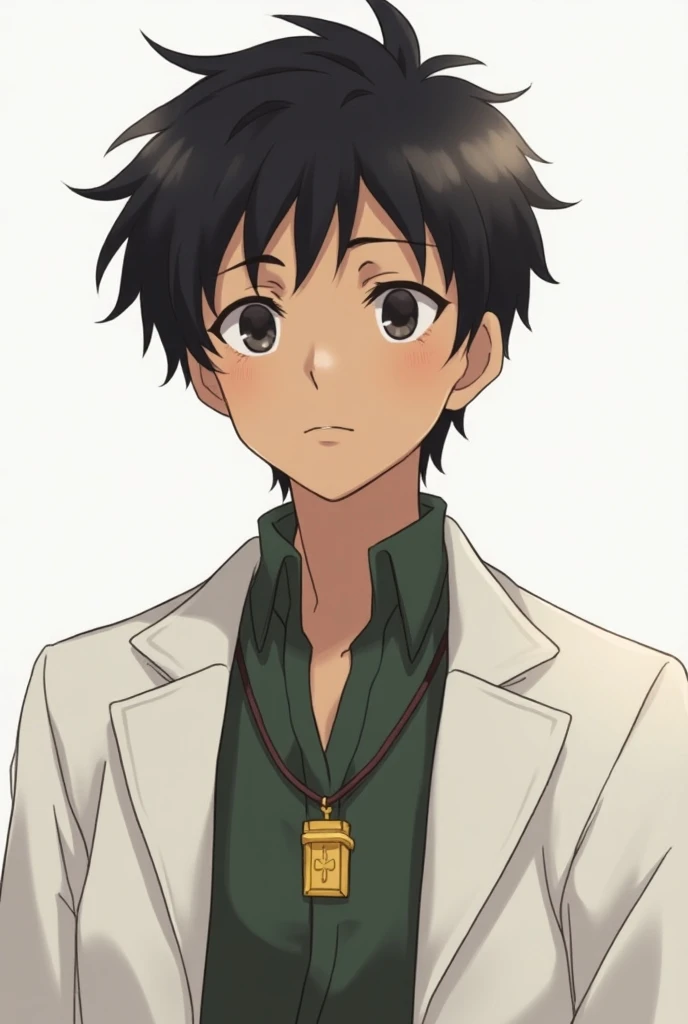 Young brown man with short dark hair ,  gentle features and a calm, disciplined expression .  wears modest attire with a small faith symbol or amulet, with a white overcoat,  with the appearance of an anime character Shounen.