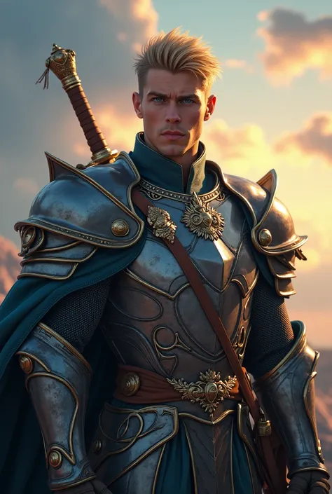 a handsome prince with short blonde hair and blue eyes, holding a sword, noble, Man, intricate details, highly detailed face, penetrating gaze, chiseled features, muscular physique, regal pose, ornate armor, cinematic lighting, fantasy landscape, vibrant c...