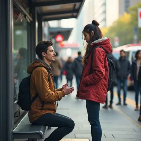 Very young man asking a girl to marry her at a bus stop