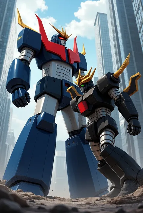 mazinger Z standing tall besides a tall building fighting againts a mechanical beast