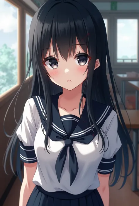 female anime,  long hair and black, Black eyes and in school uniforms 