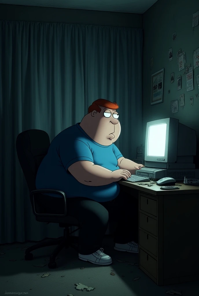 Prompt: "Create a realistic, dark fantasy-inspired version of Chris Griffin from Family Guy, seated in his dimly lit, cluttered bedroom in front of an old, boxy 90s-era computer. He should have a slouched, unmotivated posture, with his oversized blue t-shi...