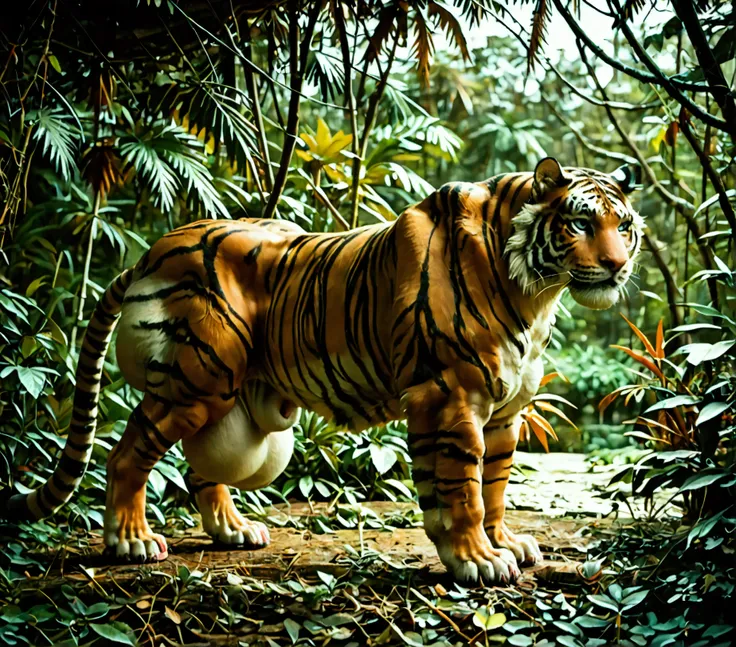 (((((A feral tiger in a realistic image. Side view of the feral tiger is in a jungle))))). ((((hyper_hyper_hyper_muscles, hyper_hyper_hyper_sheath, hyper_hyper_hyper_balls)))). (((oversized_oversized_oversized_muscles, oversized_oversized_oversized_sheath,...