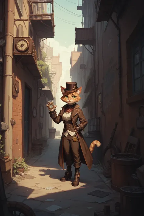 Steampunk cat in an alley