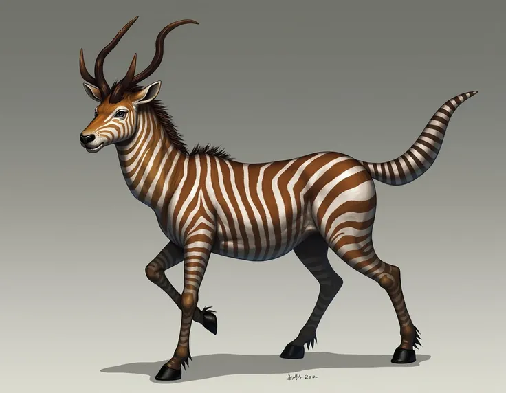  creates for me an image according to this description :  The Zerbo is a fascinating hybrid of deer and zebra .  It has a deer head with curved horns ,  slender and muscular body , covered by brown and white stripes . He has bluish veins.  Bluish veins are...