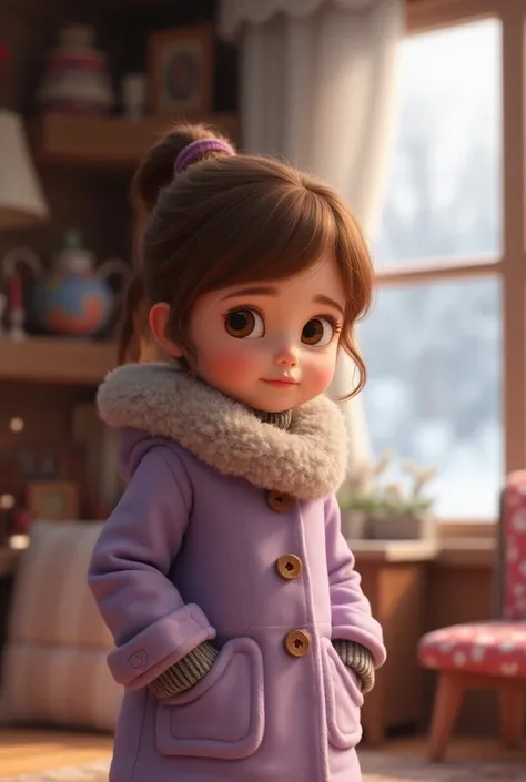 Petite fille brune style disney pixar interieur manteau hiver mauve