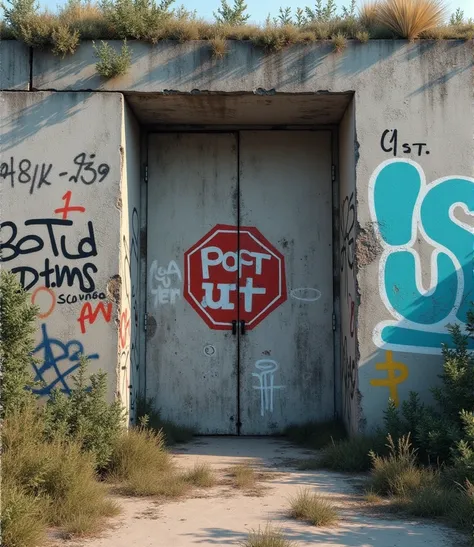 2.5d style，A dilapidated concrete wall covered with graffiti