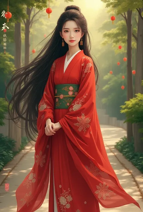 beautiful lady kumoi with red kimono and long hair shining,standing at the roji in painting genji monogatari emaki by murasaku shikibu