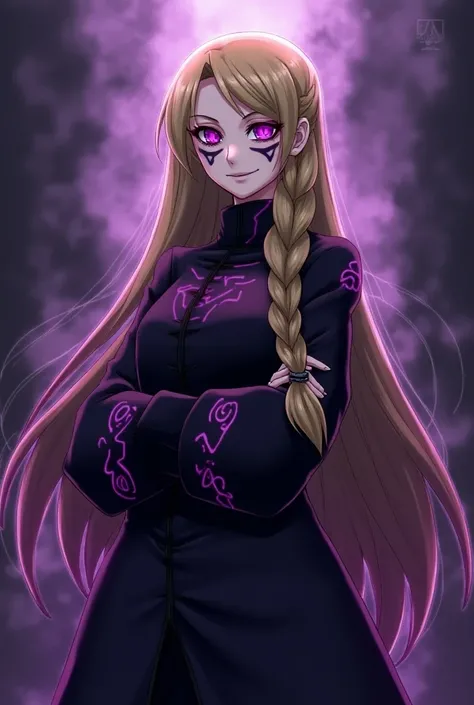 A powerful female Dark Signer from Yu-Gi-Oh! 5Ds stands with a menacing presence, emanating dark energy. She has long, flowing blonde hair with a bold sidecut, and a single intricate braid cascades down one side of her face. Her evil smile hints at her rut...