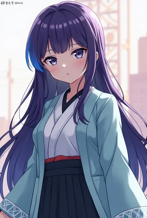 Attractive anime style girl with purple long hair、
 purple long hair that hides the waist　
 turn a section of ones bangs blue with blue bangs blue with blue highlights on the bangs　Part of the bangs is blue　Dark Eyes　Sharp, Cool Eyes 　Light blue haori coat...