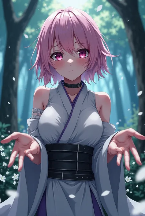 Woman with short hair pastel pink messy with bangs while  ,The right eye pink and the different eye the left eye black with white skin and a Japanese combat dress with larger breasts reaching out crying in a forest of trees with white flowers with tears in...