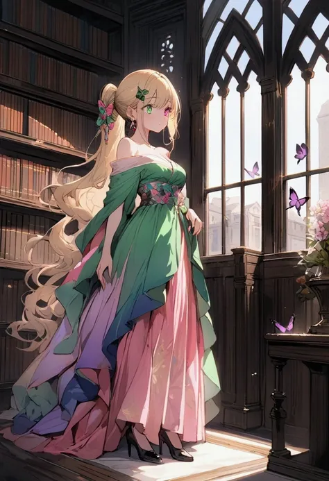 Full body, medium length Wavy blonde hair, hair tied in an elegant ponytail, Young lady with pink & green heterochromia pupils, small hair accessories, Small earrings、butterflies surrounding her, off shoulder fancy colored kimono dress, exposed knees, stan...