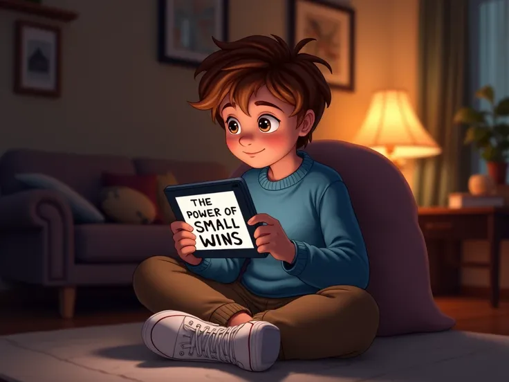 19 year old, brown hair, big brown eyes, blue sweater and brown pants, white Disney and Pixar style tennis shoes, cartoon type. A young sitting alone in a cozy, dimly lit room, reading a motivational article on a tablet screen. The text on the screen reads...