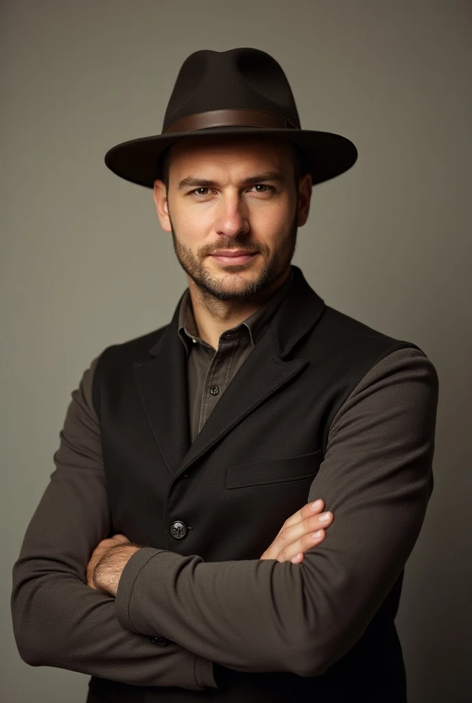 A man wearing a felt hat, with arms crossed, looking directly at the camera. The background should be neutral, highlighting his confident expression and the style of the hat. The lighting should be soft, creating a warm atmosphere