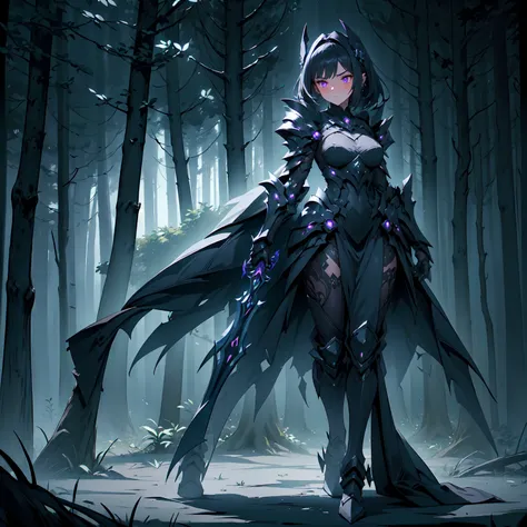 (((masterpiece, best quality, high detailed, 16k))) (1girl) A mysterious, shadowy woman with short black hair and piercing violet eyes. She wears dark, sleek armor designed for stealth, with intricate patterns that shift and blend into the shadows. Nyxara ...