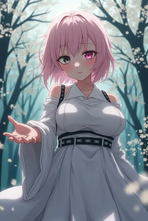 Woman with short hair pastel pink messy with bangs while  ,The right eye pink and the different eye the left eye black with white skin and a Japanese combat dress with larger breasts extending a hand crying in a forest of white flower trees with tears in t...