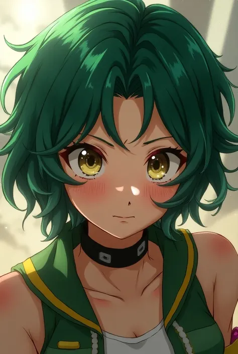 Character from My Hero Academia, similar to Izuku Midoriya ,  beautiful girl with green hair ,  short and wavy, noticeable freckles on the face ,  light brown eyes and a scar on one of her eyes,