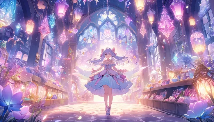 An enchanting anime-style illustration of a magical girl window shopping in a dreamy, pastel-colored fantasy world. The girl, dressed in a cute, whimsical outfit with sparkles and magical accessories, gazes excitedly at displays filled with enchanted items...