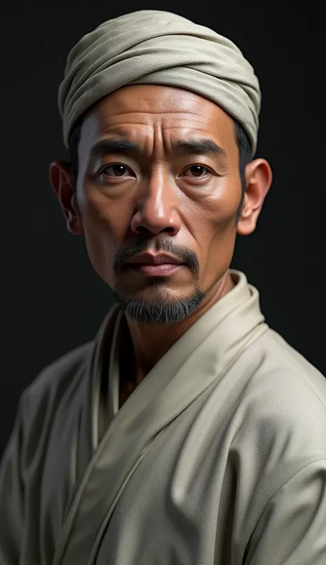  An Indonesian cleric with white skin  (( No beard ,  without mustache ,  with no hair on the face ,))  chin has a crease in the middle ,  wears a turban cloth on his head ,  style realistic image donghua digital art image size 9:16,model xxMix _9realistic...