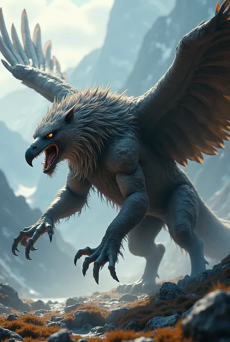 Now create a fusion of the wolf and the eagle, merging their characteristics, becoming a single ferocious creature.. Keep the scenario , Make it more monstrous 