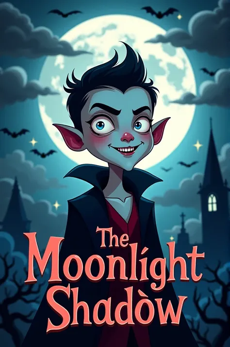  Make a book cover for me on the theme “The Shadow of the Moonlight” where the story is about vampires.  Make the cover with the cartoon design .  Make it in png and add the title of the book “The Moonlight Shadow” in Portuguese and a Brazilian book publis...