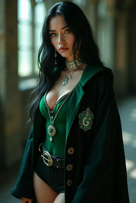 a beautiful young woman with green eyes, long straight black hair, heavy makeup, defined contours, pale skin, small waist, large buttocks, large breasts, highlighter, silver jewelry, wearing a sexy Slytherin school uniform, Slytherin robe and badge, black ...