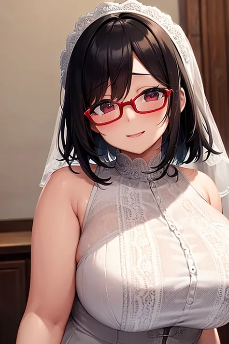 chubby、Big Breasts、 mature woman 、 Black Hair 、   short hair、Glasses、  Female in Wedding Dress   、  happy 、happiness、smile、tears、 red eyes、living 、   very detailed,Best Quality,correct,correct、masterpiece,   High image quality, 1 person、